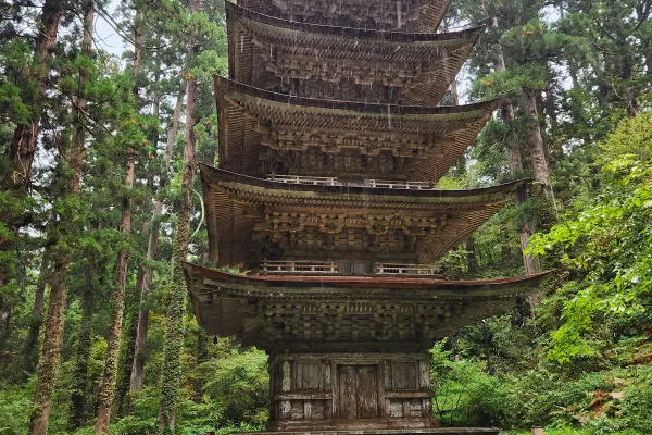 The beautiful Dewa Sanzan five-story pagoda among cedar trees