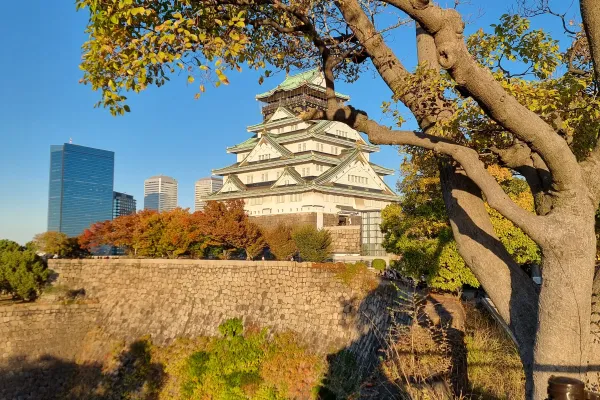 Autumn colors in Osaka Castle gardens with traditional Japanese architecture