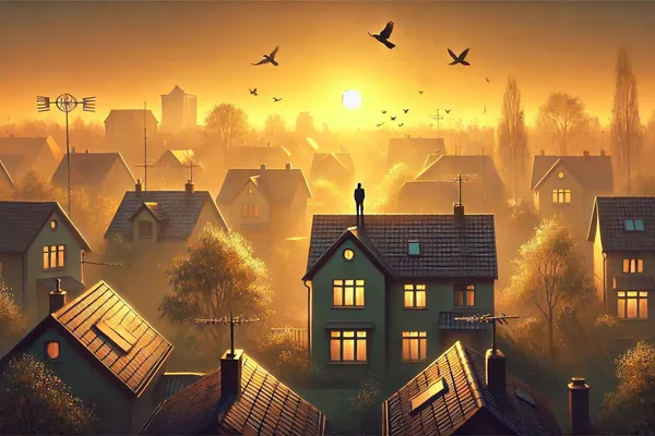 AI-generated sunrise with birds and musical notes