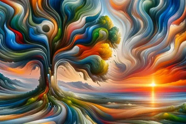 AI-generated tree taking multiple abstract forms in Dalí style
